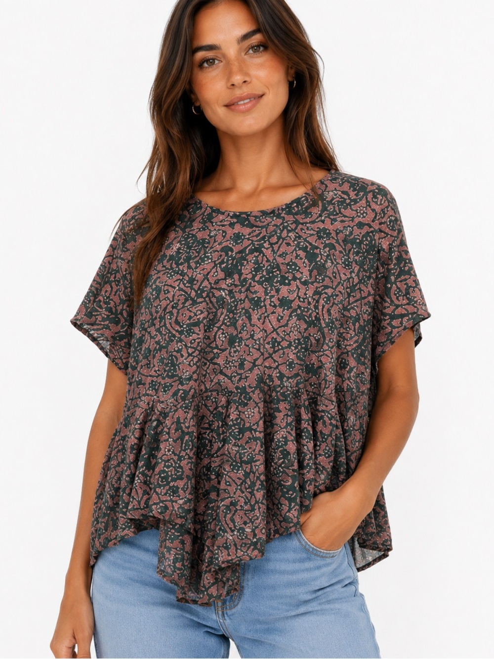 Peruvian Connection Women's brown and Black Patterned Short-Sleeve Peplum Top